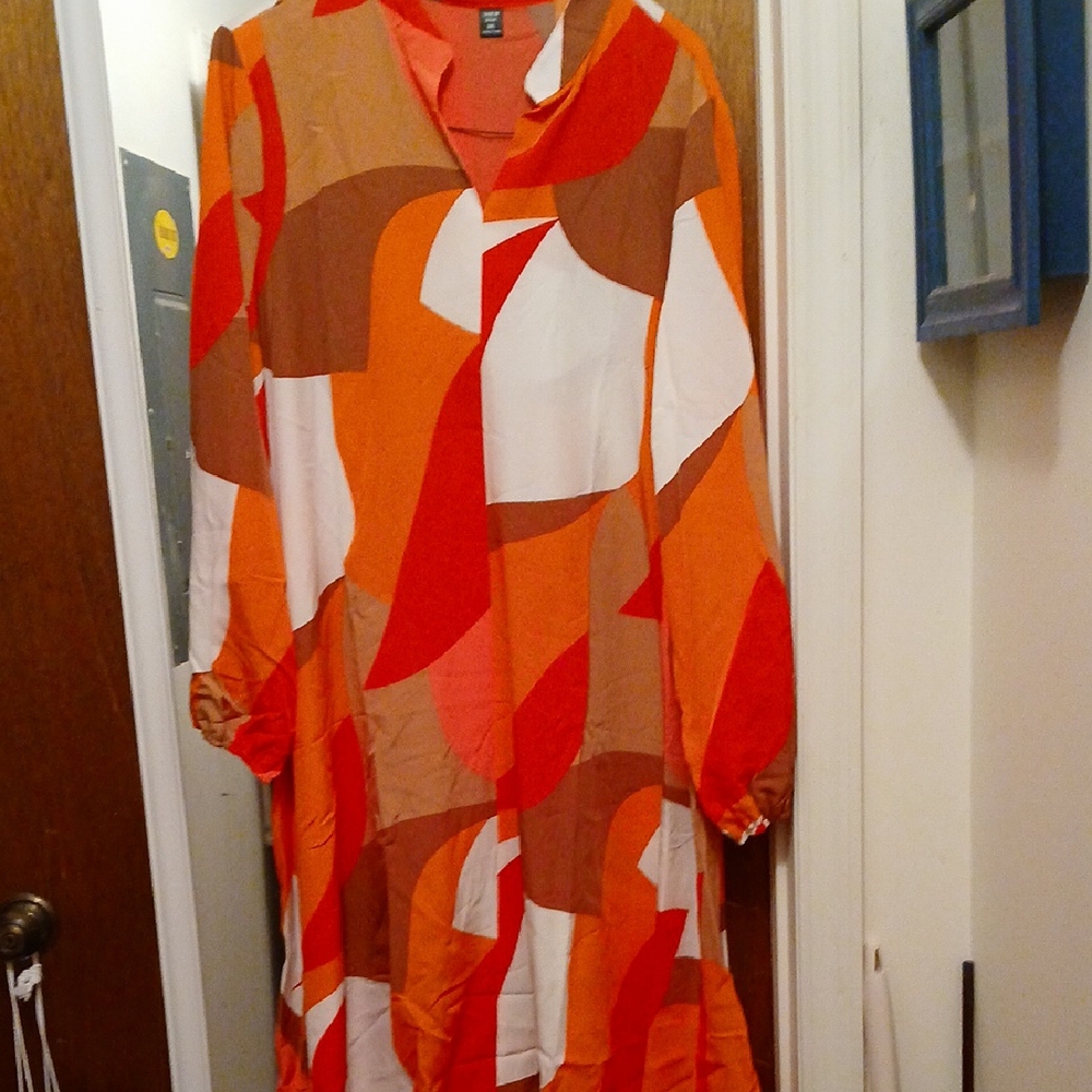 SHEIN Orange and Red Geometric Long Sleeve Dress